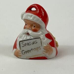 Vintage Japan Santa Bell Ornament Ceramic Red White “Seasons Greetings” 1.75"